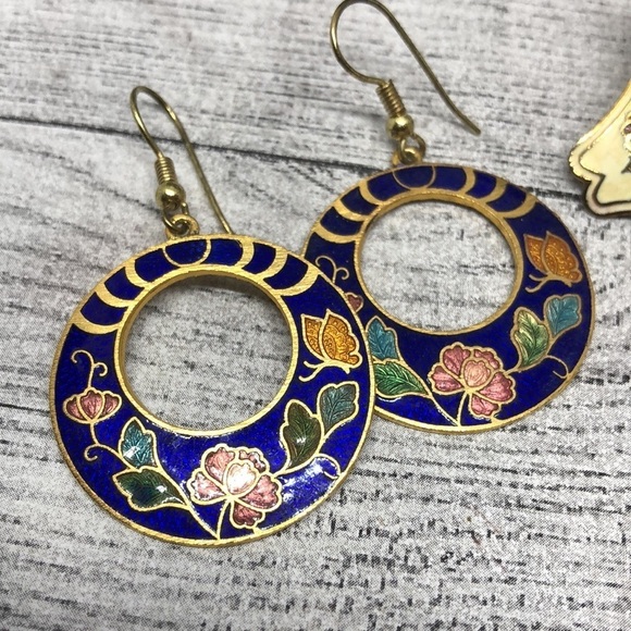 Bundle lot 2 cloisonne enamel earrings statement - Picture 2 of 6